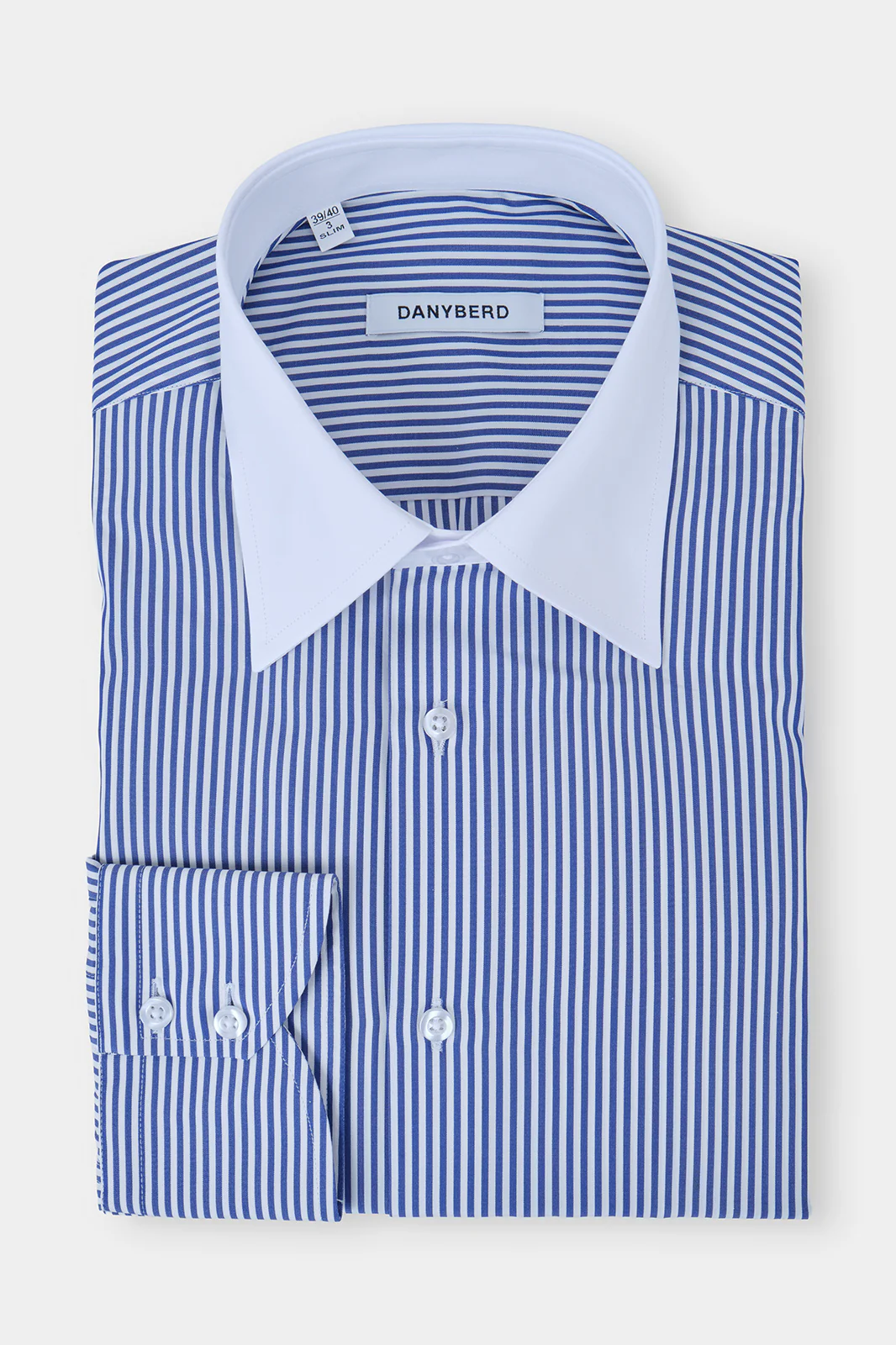 Chemise grand col en pointe - Blanche à rayures marine