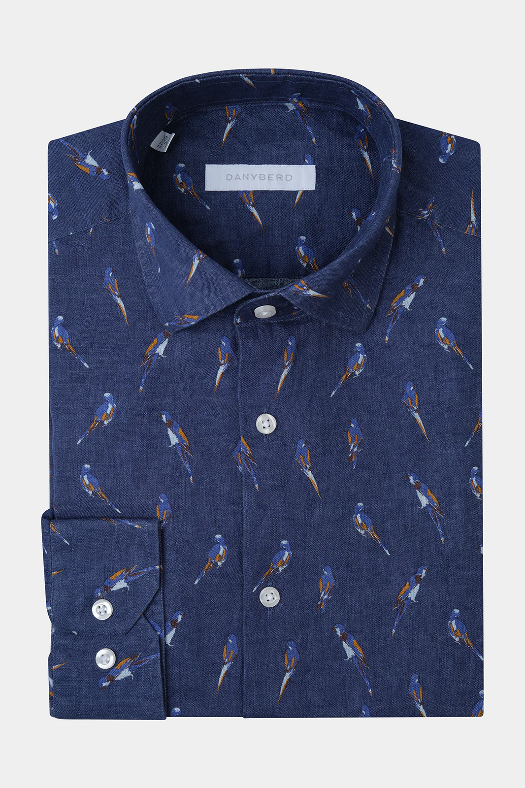 Chemise en lin col français - Marine à motifs perroquets
