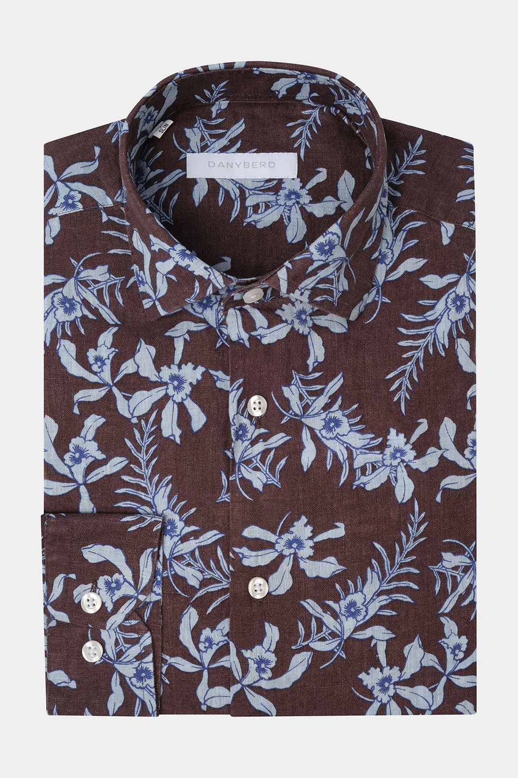 Chemise en lin col français - Marron à fleurs bleues