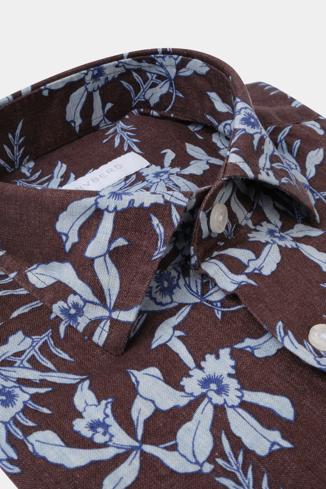 Chemise en lin col français - Marron à fleurs bleues - Image 2