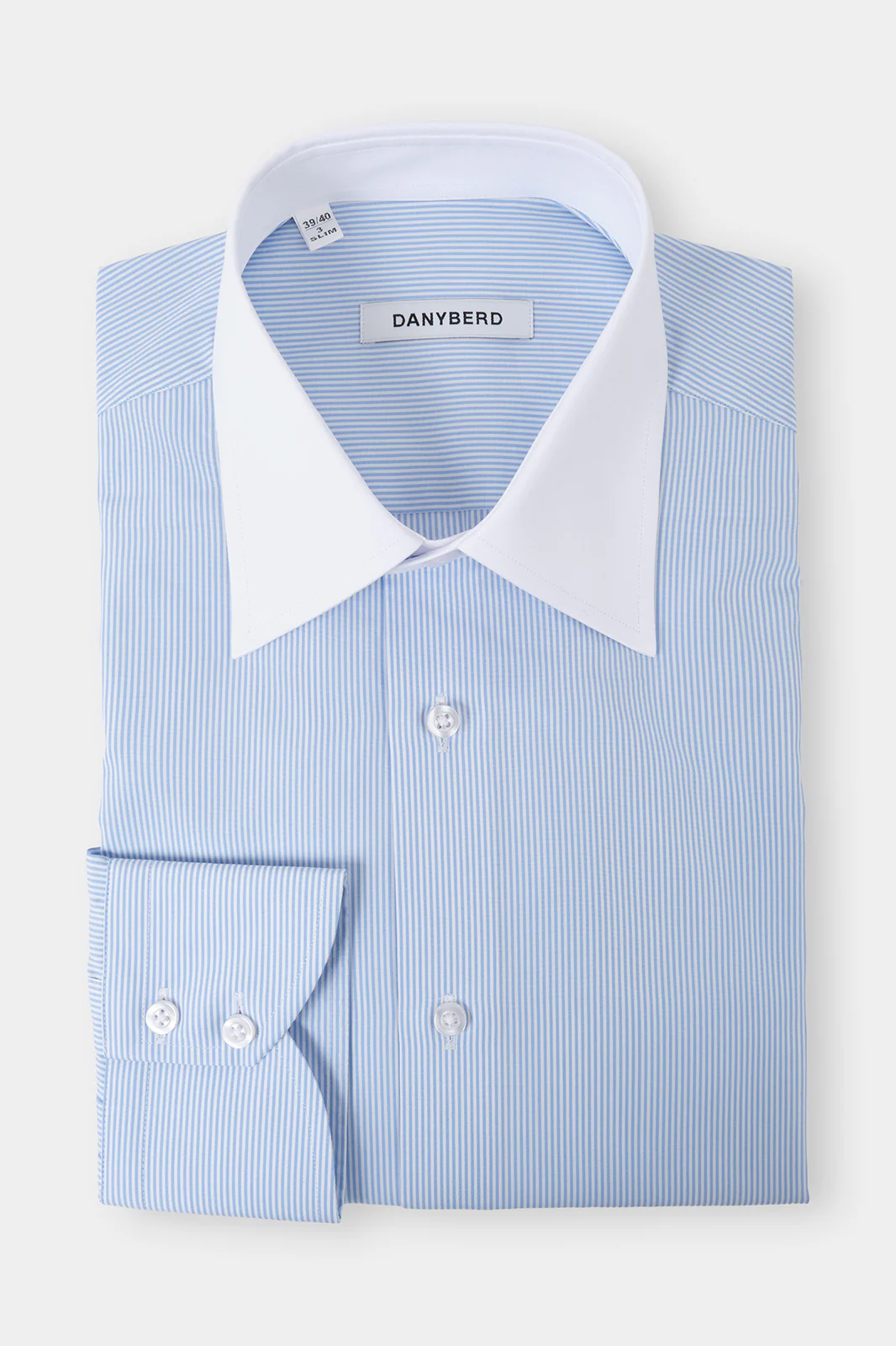 Chemise grand col en pointe - Blanche à rayures bleu ciel