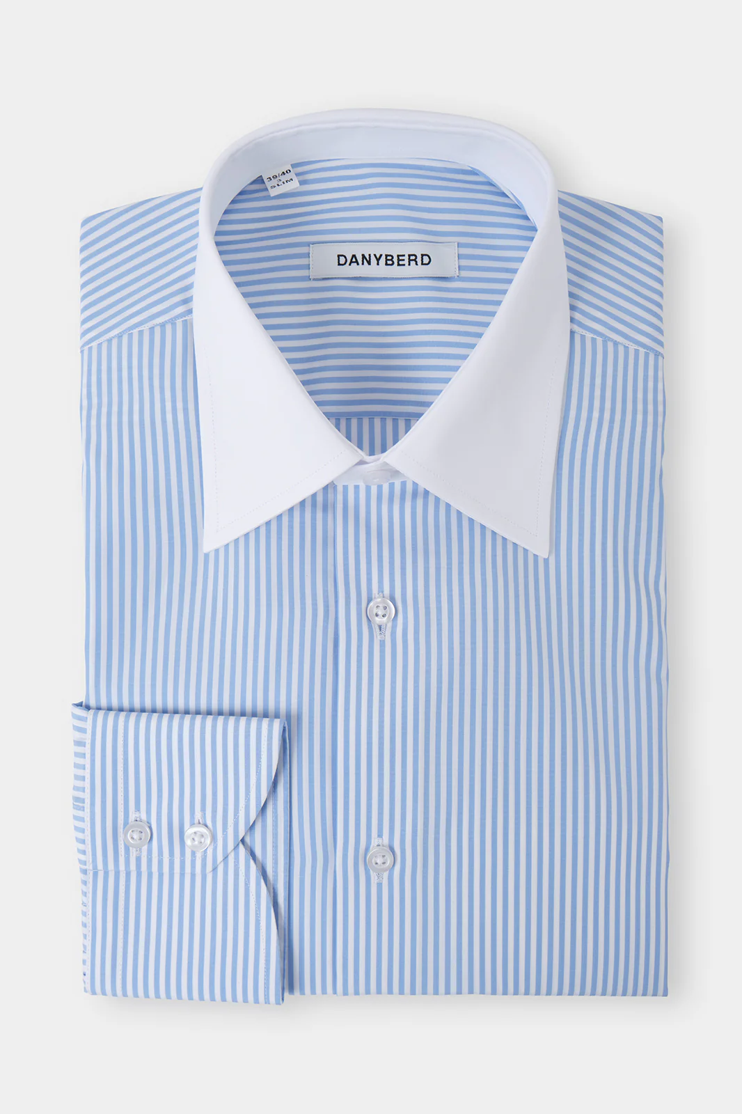 Chemise grand col en pointe - Blanche à rayures bleues