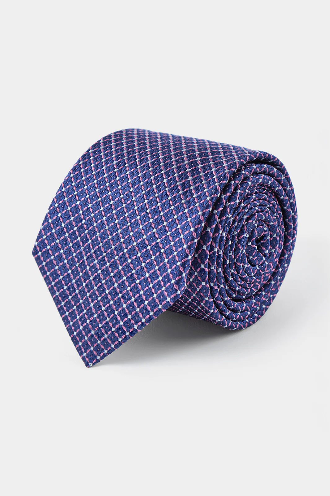 Cravate 100% soie - Bleu à motifs géométriques roses