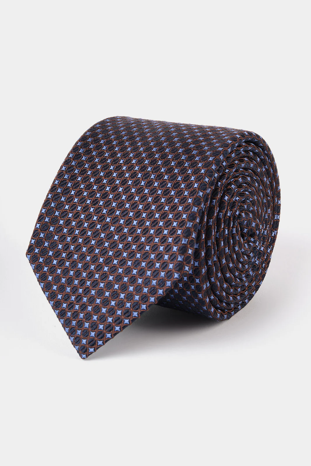 Cravate 100% soie - Bleu et marron à motif en losanges
