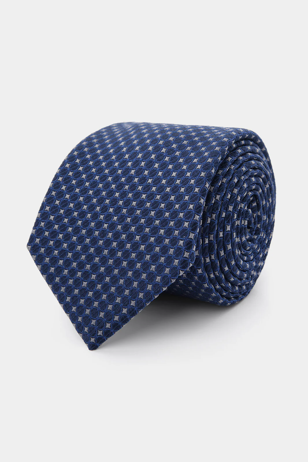 Cravate 100% soie - Bleu motifs floraux géométriques