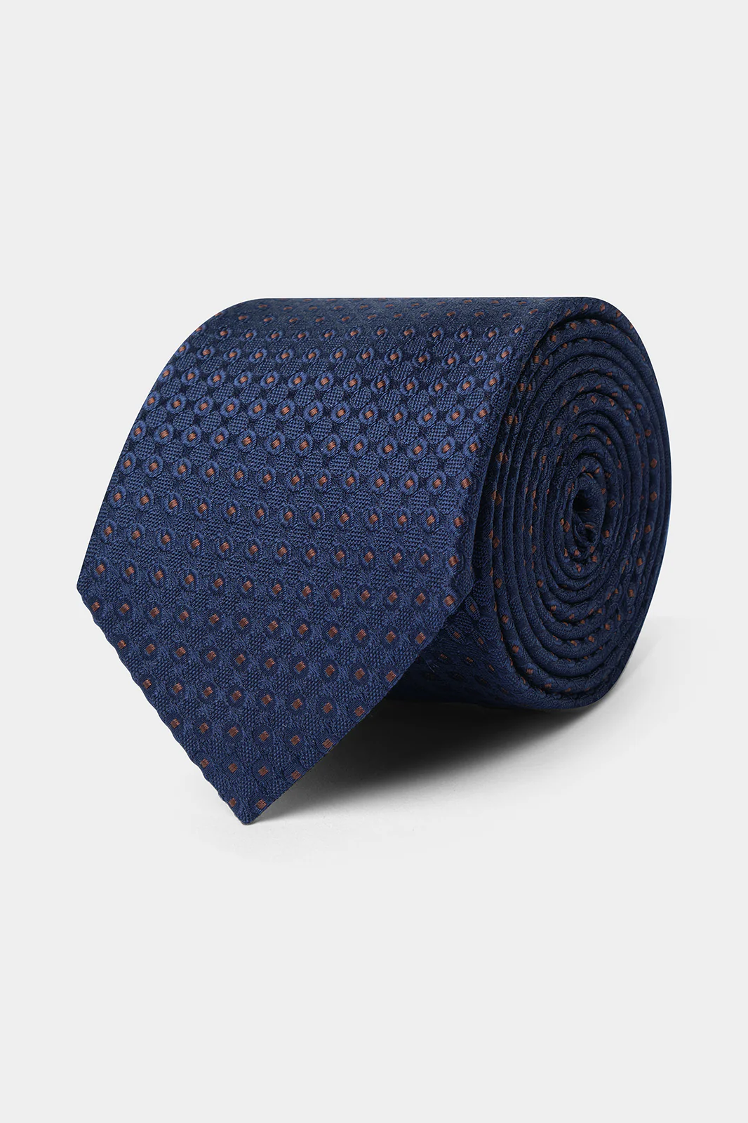 Cravate 100% soie - Marine à motif cercles et pois marrons