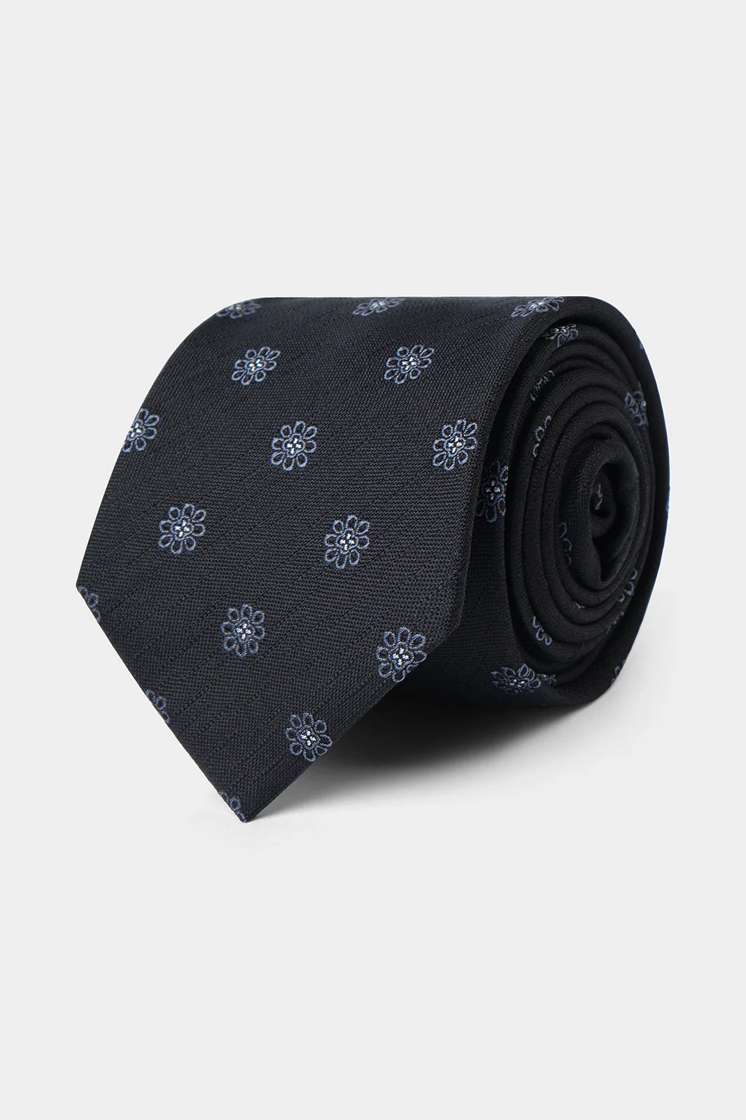 Cravate 100% soie - Noir à motif fleurs grises