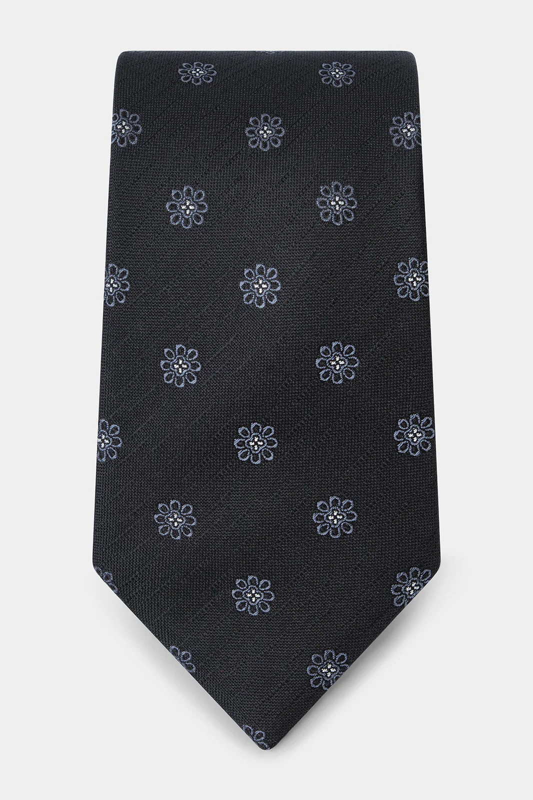 Cravate 100% soie - Noir à motif fleurs grises - Image 2