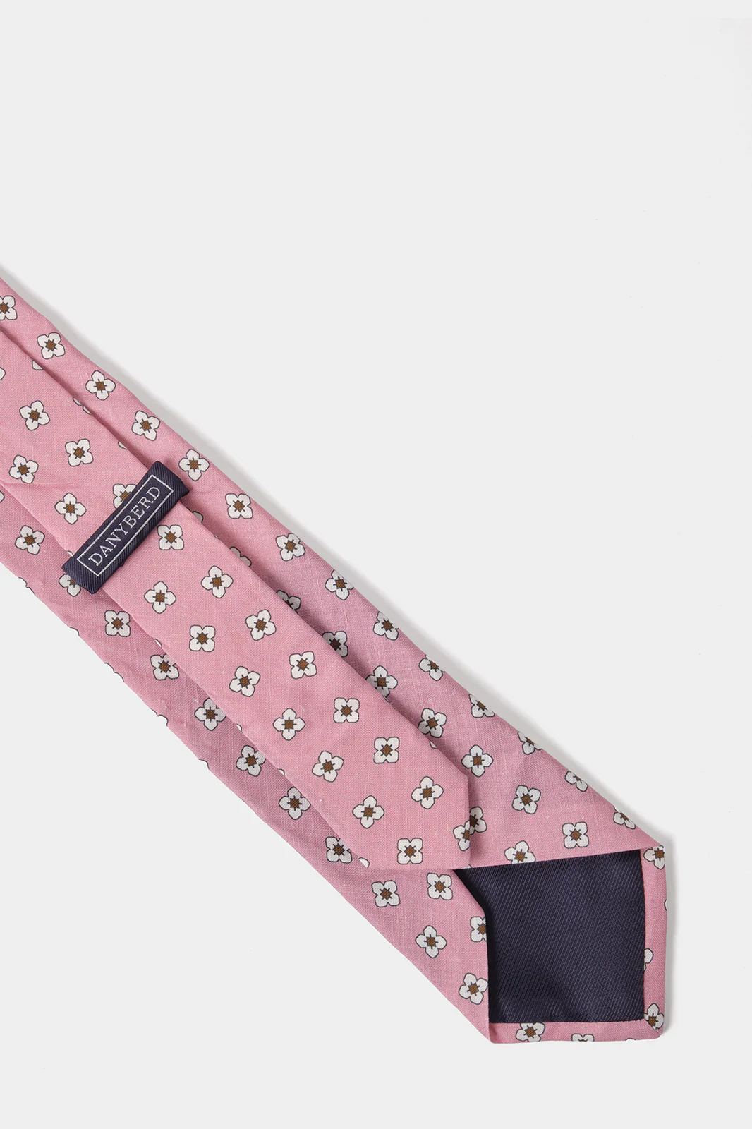 Cravate en soie et lin – Rose à motifs fleurs blanches et marron - Image 3