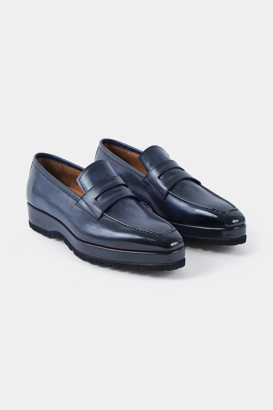 Mocassins en cuir patiné avec semelle compensée et crantée - Bleu