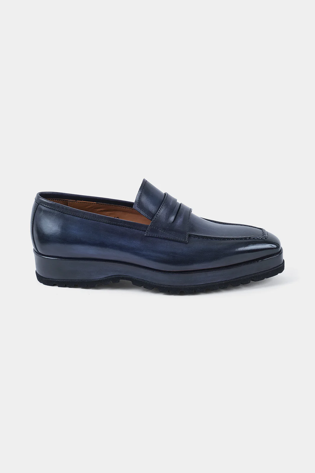 Mocassins en cuir patiné avec semelle compensée et crantée - Bleu - Image 4