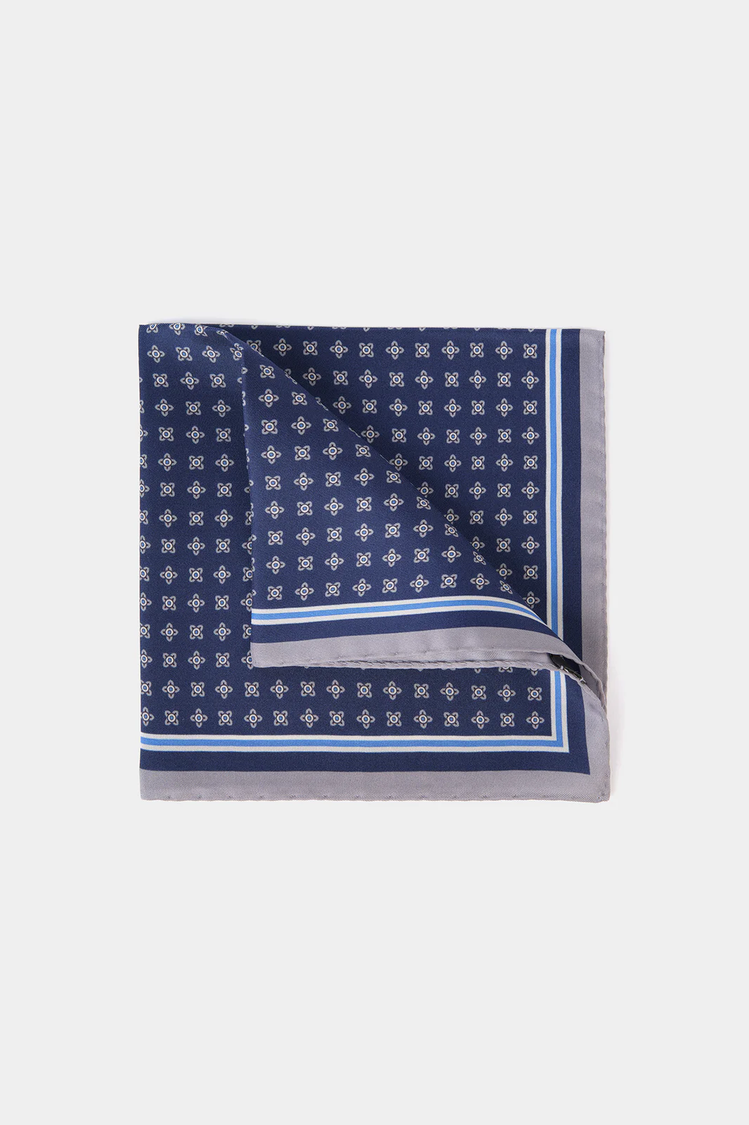 Pochette fond bleu à motif géométrique gris moyen