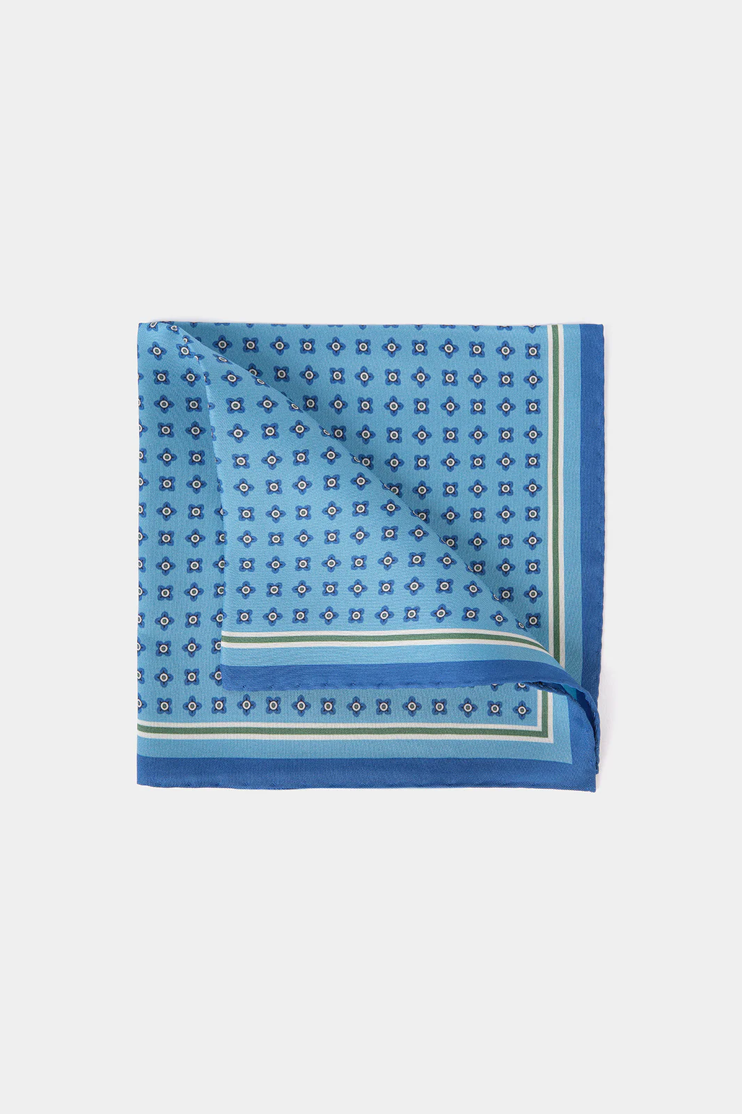 Pochette fond bleu clair à motif géométrique blanc et bleu