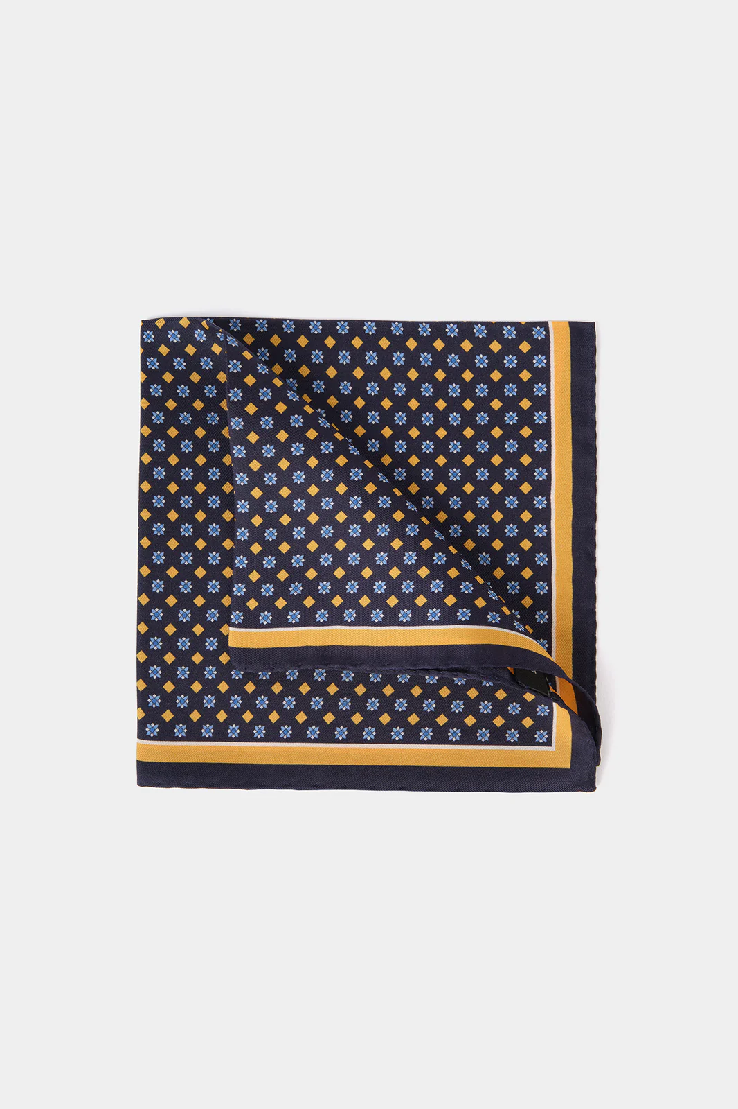 Pochette fond bleu violine à motifs géométriques et bordure ocre