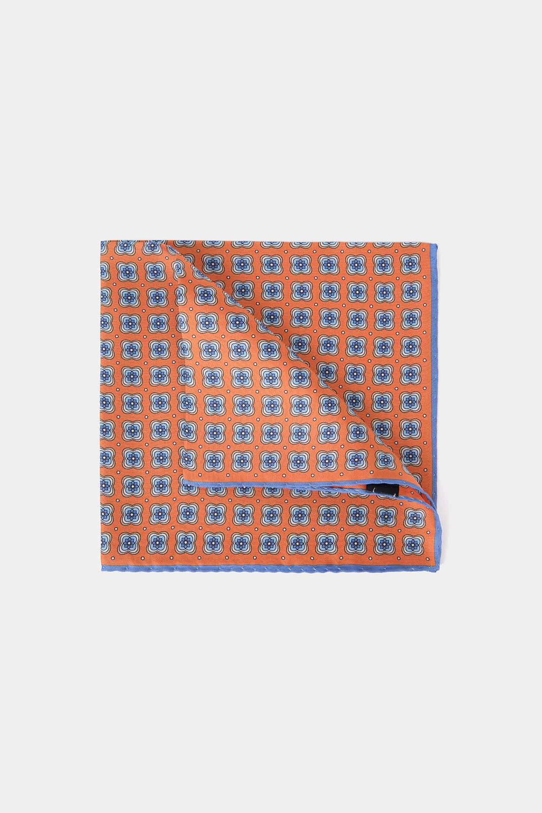 Pochette fond orange à motif floral bleu et blanc