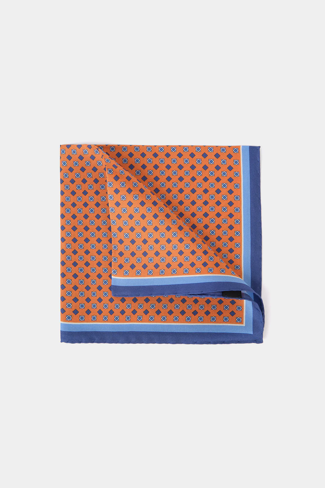 Pochette fond orange à motif géométrique bleu et blanc