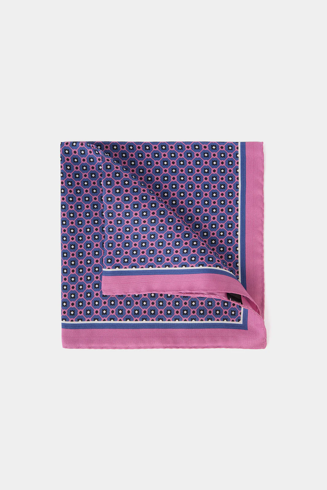 Pochette fond rose à motif floral violet et blanc