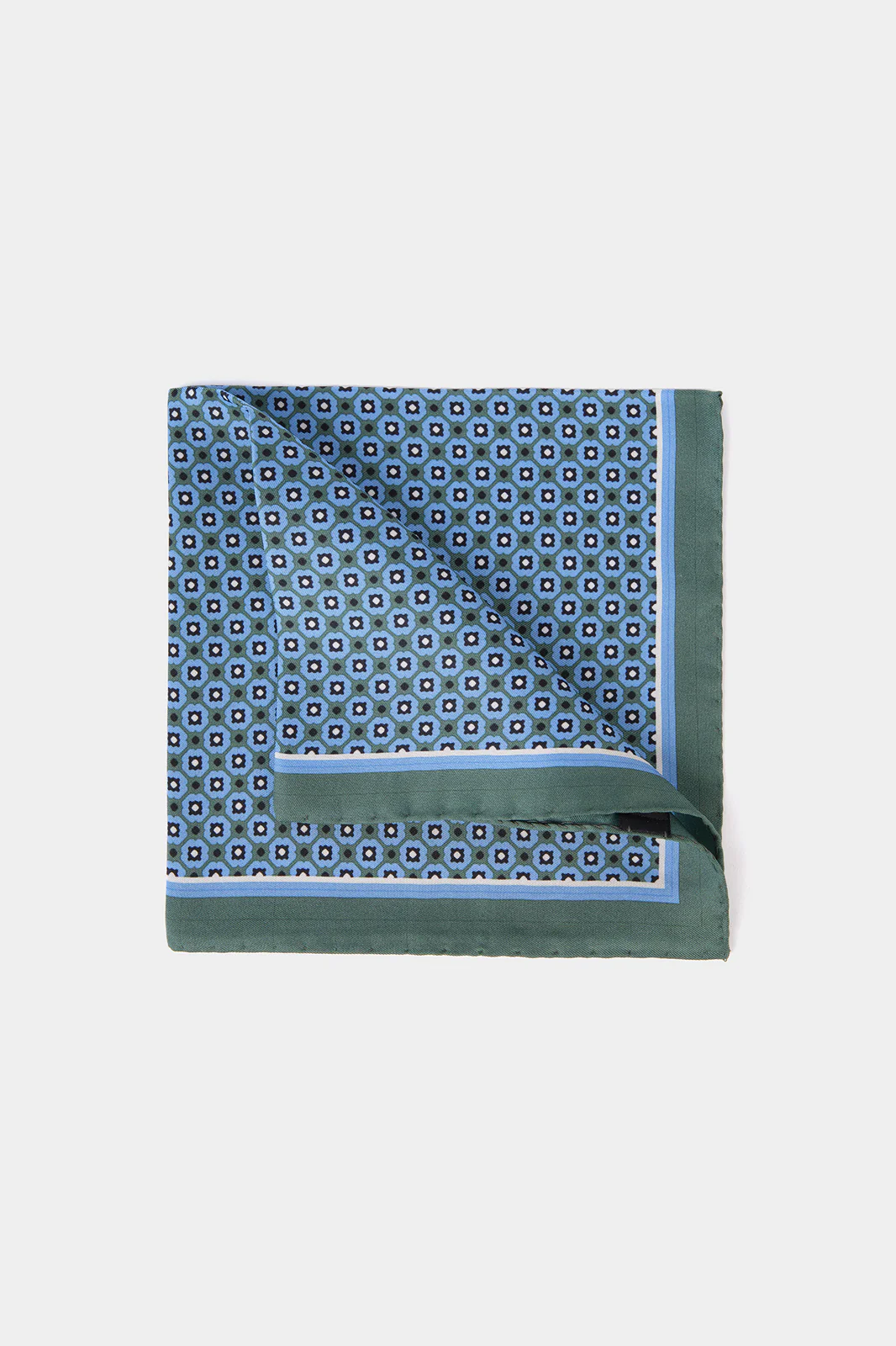 Pochette fond vert sauge à motifs géométriques bleus